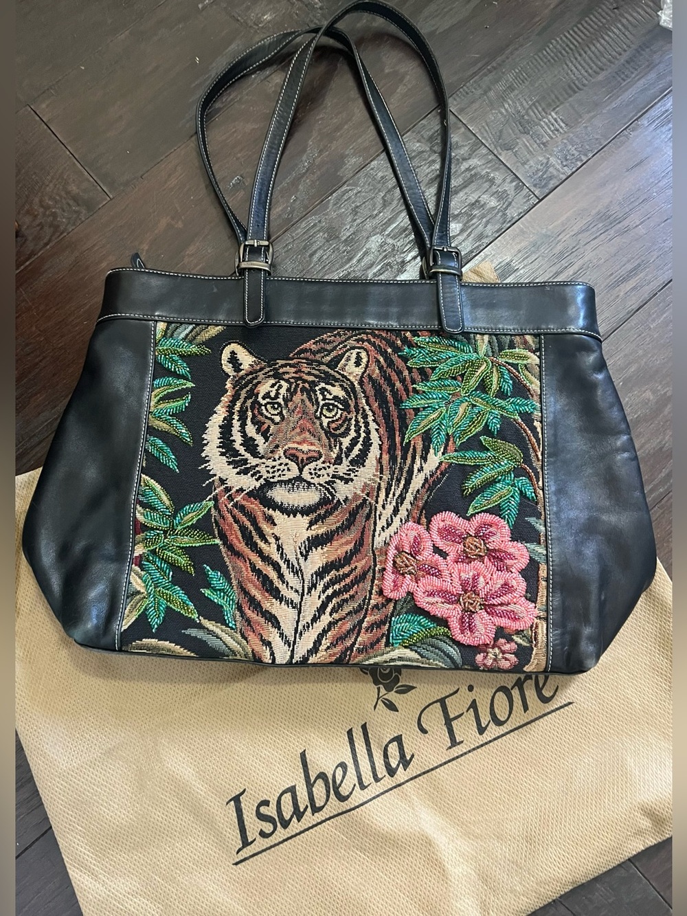 Isabella Fiore Vintage Tiger Tapestry Beaded Leather Tote Bag w/ Dust Bag VGC